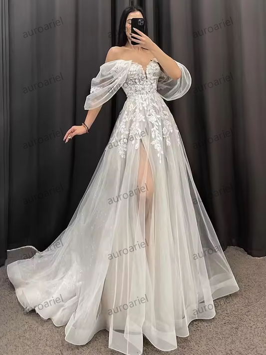Ivory A-Line Wedding Dresses Women V-Neck Short Sleeves Long Bride Dress Sweep Train Lace Applique Occasion Gowns