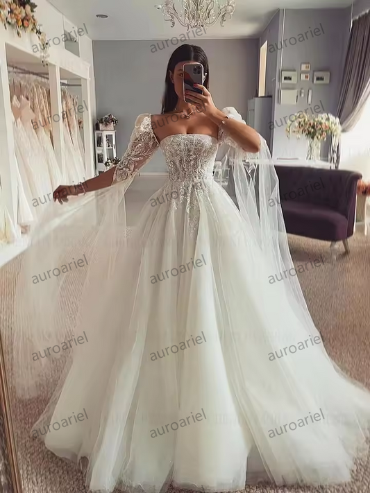 Boho Long Wedding Dresses For Women Full Sleeves Ivory Wendding Dress Glitter Applique Dresses