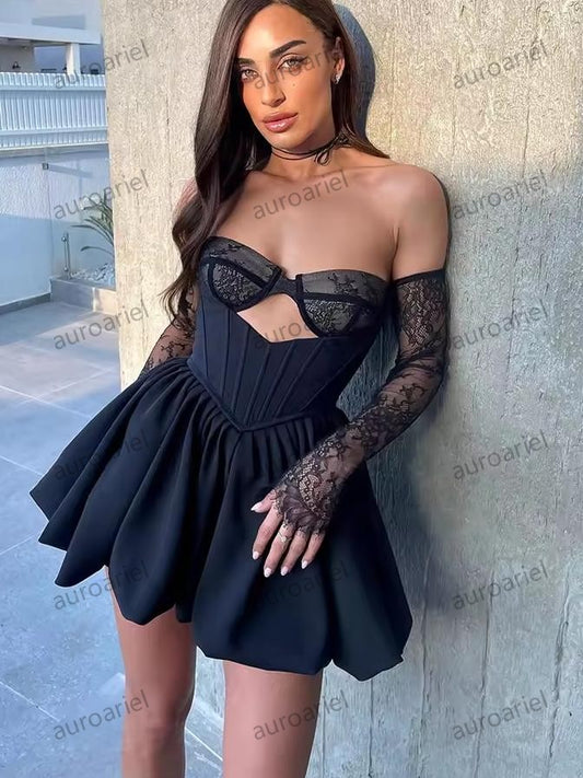 Black Mini Prom Dresses Sweetheart Puffy Cocktail Dress Stain Lace Sexy A-Line Speical Occasion Gowns Club Wear Customized