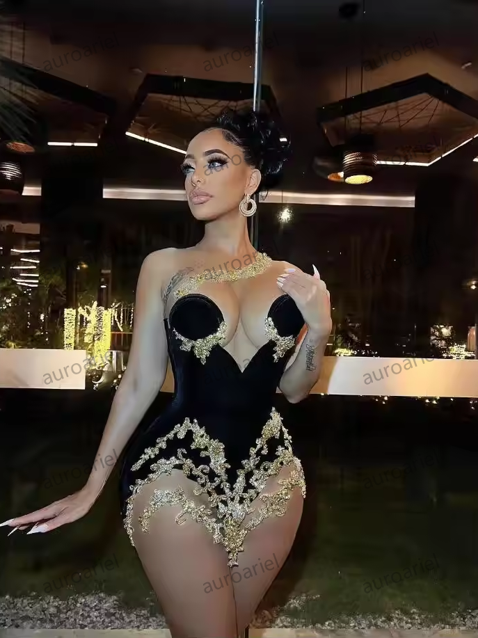 Black Velvet Mini Evening Cocktail Dress for Women Gold Crystal Applique Sheer Mesh Birthday Queen Gown