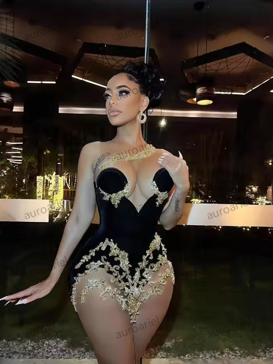 Black Velvet Mini Evening Cocktail Dress for Women Gold Crystal Applique Sheer Mesh Birthday Queen Gown