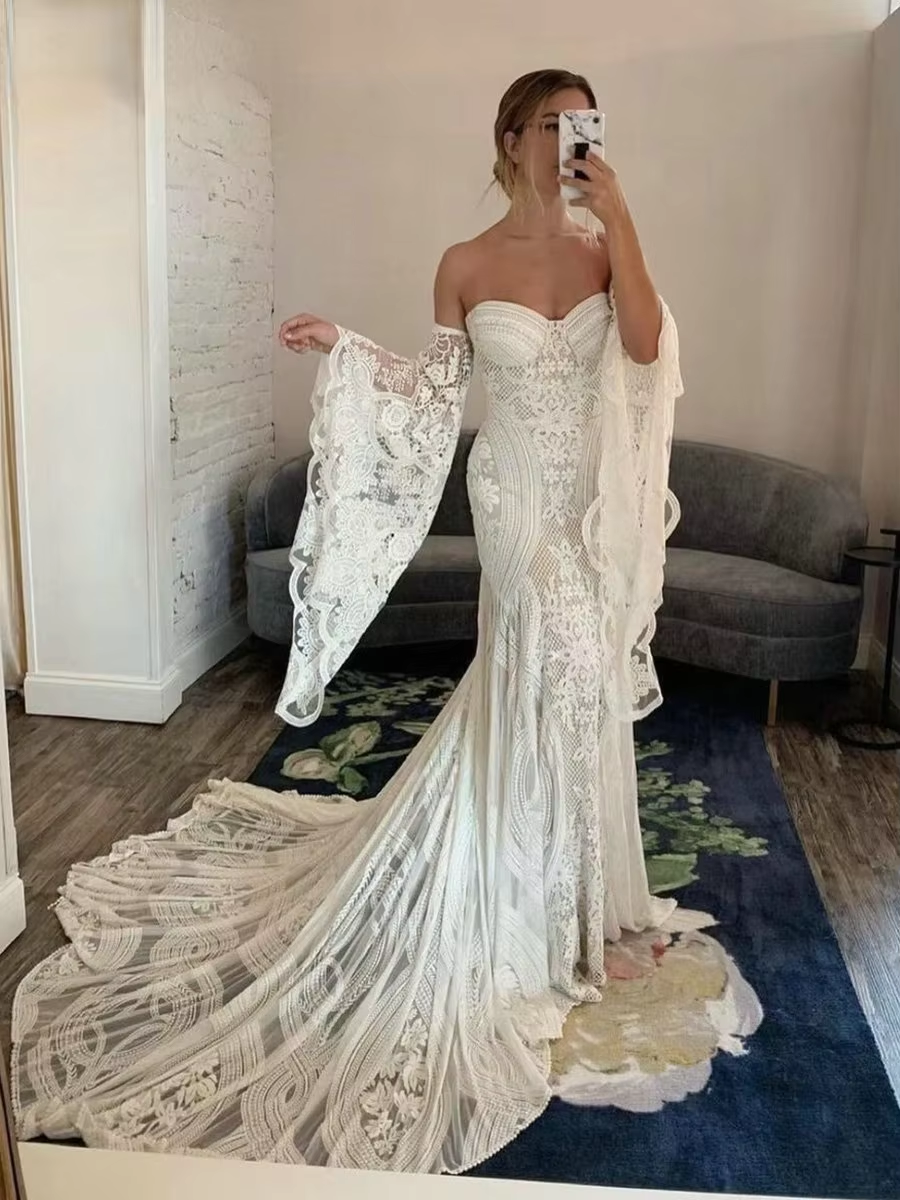 Strapless Sexy Mermaid White Wedding Dress Off The Shoulder Lace Appliques Lace up Back Bridal Gowns For Women Vestido De Novia