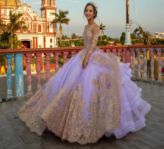 Luxury Charro Quinceanera Dresses Lilac Fluffy Gold Lace Vestidos De 15 Anos Princecss Long Sleeve Birthday Party Customized