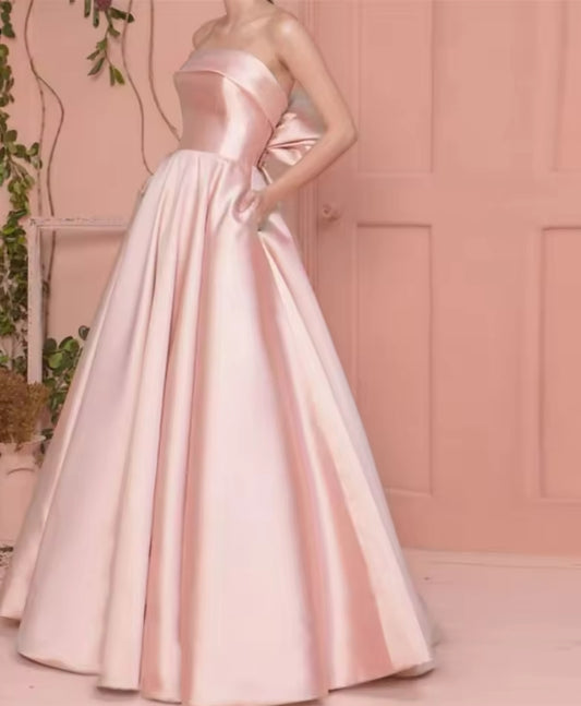 A Line Satin Long Prom Dresses With Pockets Bow Back Floor Length Evening Gowns Special Formal Party Dress Customized