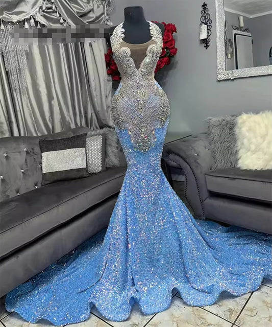 Blue Sequin Mermaid Silver Rhinestone Prom Dresses Black Girls Mermaid Dresses For Party Wedding Evening Gala Dress Elegant