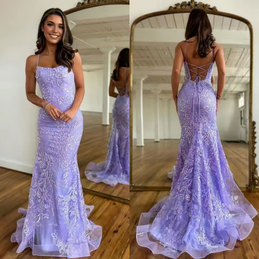 Lavender Mermaid Prom Dresses Lace Appliques Sleeveless Evening Dresses Sexy Sweep Train Women Customized Wedding Guest Gowns