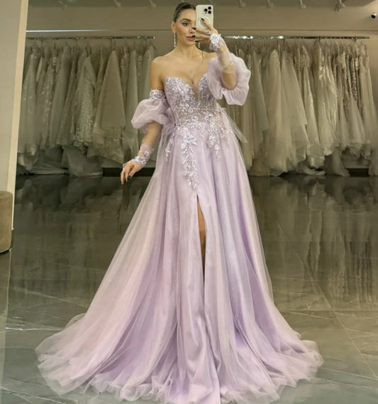 Customize Purple Flowers Embroidery Pearls robes de soirée Puff Sleeve Prom Dresses Mesh Fabric A-line Wedding Dress 2025