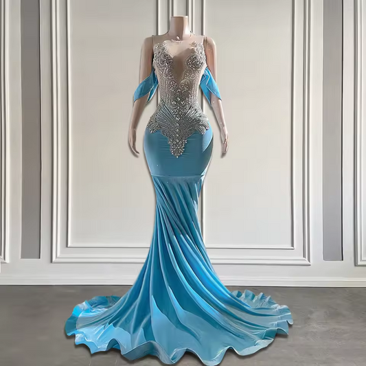 Baby Blue Long Prom Dresses For Black Girls Off-Shoulder Luxury Silver Rhinestone Mermaid Velvet Prom Gala Gowns Customized