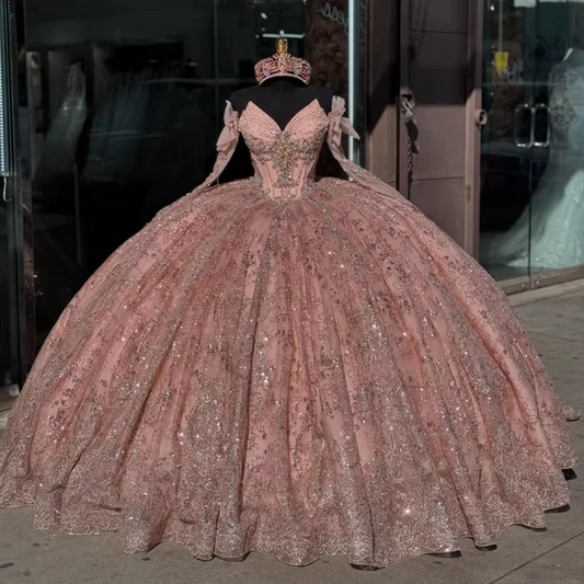 Pink Shiny Quinceanera Dresses Ball Gown Off Shoulder Sequin Appliques Lace Beading Tull Birthday Payty Sweet 16 Dress Vestidos