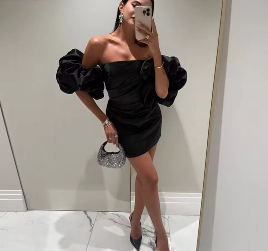 Black Satin Mini Prom Dresses Detachable Short Sleeves Girl Homecoming Dress Customized Sheath Women Specail Party Gown