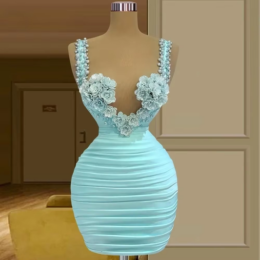 Sky Blue Cocktail Dresses Sheath Spaghetti Straps Short Mini Pearls Homecoming Dresses Haute Couture
