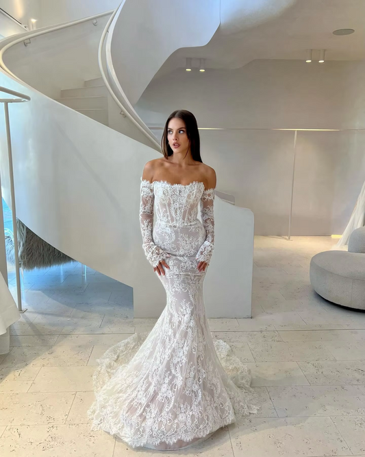 Sexy See Through Back Long Sleeves Full Lace Applique Mermaid Wedding Dresses Sweep Train Custom Made Vestido De Novial