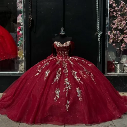 Burgundy Quinceanera Dresses Ball Gown Off The Shoulder Sequin Appliqued Lace Beads Crystal Customized Sweet 16 Party Dress