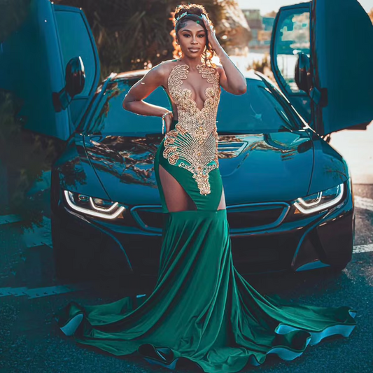 Customized Mermaid Bride Dresses V-Neck Applique Draped Pleat New Design Crystal Open Back Brush Train Prom Dress Robe de soirée