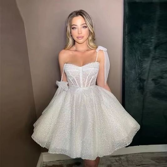 Glitter A Line Short Mini Wedding Dress Sexy Spaghetti Straps Luxury With Bow Tulle Bridal Gown Vestidos De Gala Civil