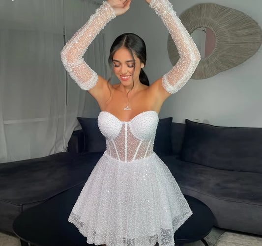 Glitter Short Mini Wedding Dress Shiny Boho Sweetheart Bride Dress Customized Bridal Gown Detachable Sleeves Robe De Mariee
