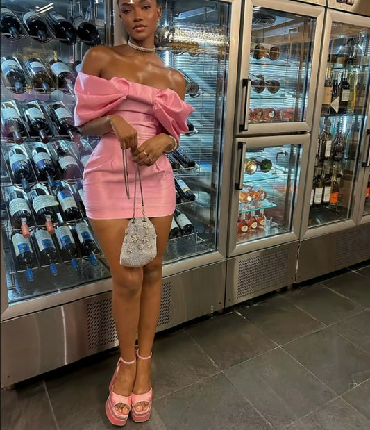 Pink Short Prom Dresses for Black Girls Off Shoulder Mini Bodycon Bow Birthday Party Gowns Homecoming Cocktail Dress Customized