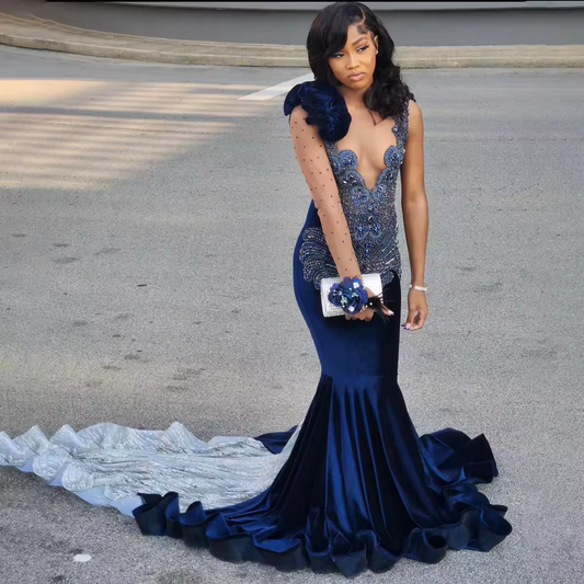 Customized Mermaid Bride Dresses V-Neck Applique Draped Pleat Lace Crystal Sleeveless Open Back Prom Dress Robe de soirée