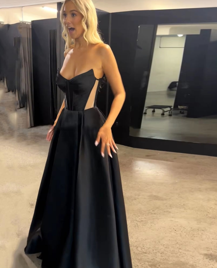 Black Satin Long Prom Dresses High Split Evening Gowns Corset Back Special Occasion Party Women Gowns Customized
