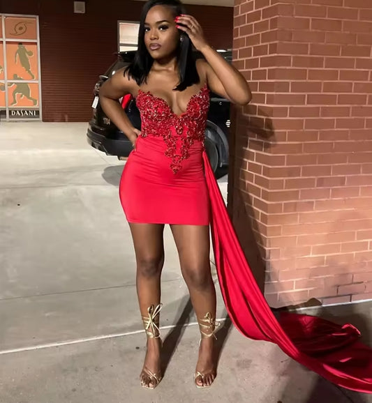 Red Crystal Short Prom Dress For Black Girl Sparkly Crystals Senior Cocktail Dress Birthday Gown Customized
