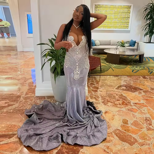 Sexy Deep V-neck Sleeveless Sparkly Gary Mermaid Dress Crystals Beaded Women Clothing Free Shipping Gown Wedding Evening Dress