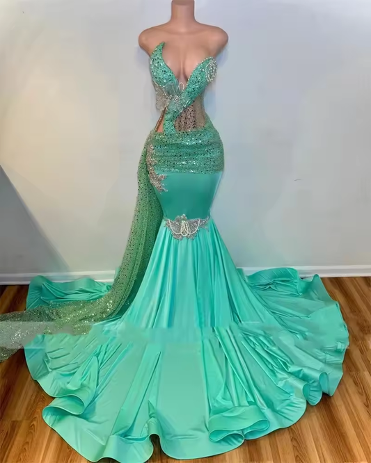 2025 Elegant Turquoise Mermaid Evening Dress For Black Girls Appliques Beaded Sequins Birthday Party Dress Customized