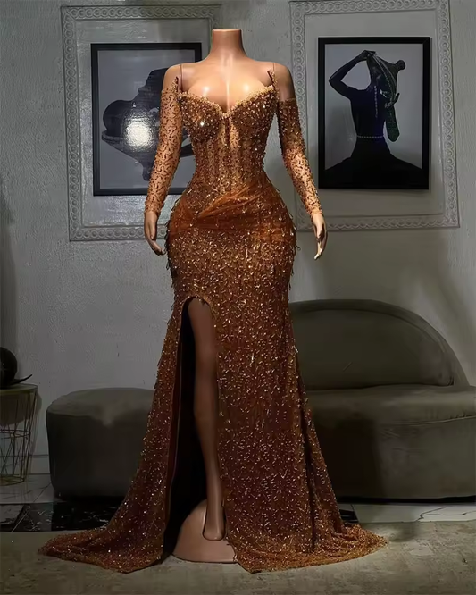 Sexy Sparkly Gold Prom Dress Sweetheart With Sleeves Side Split Beading Crystals Birthday Party Evening Gowns Wedding Customized