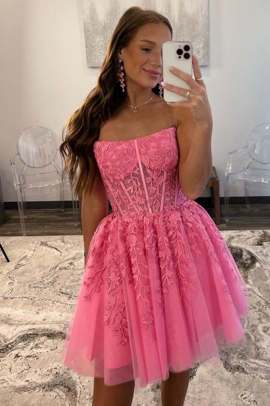 A-Line Boat Neck Beaded Appliques Tulle Homecoming Dress