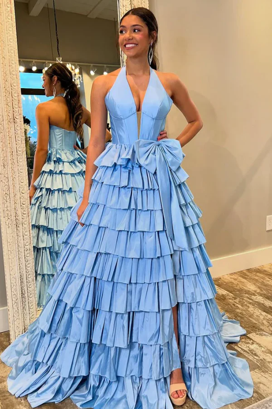 A-Line Low V Neck Halter Bow Knot Tiered Side Slit Prom Dress