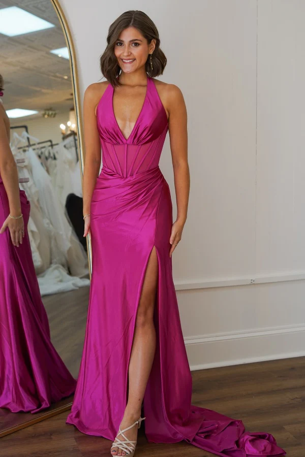 A-Line Low V Neck Halter Sleeveless High Side Slit and Train Prom Dress