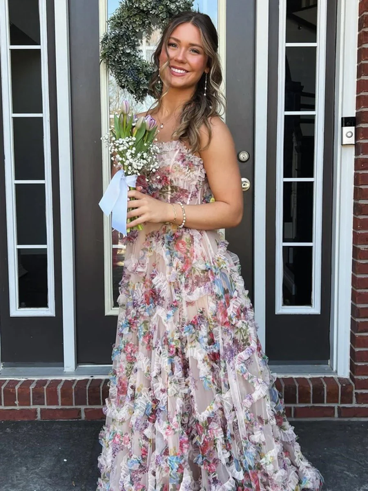 A-Line Strapless Floral Print Ruffle Long Prom Dress with Slit