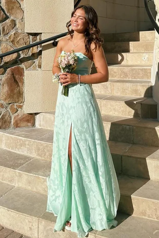 A-Line Strapless High Slit Sleeveless Lace Appliques Prom Dress