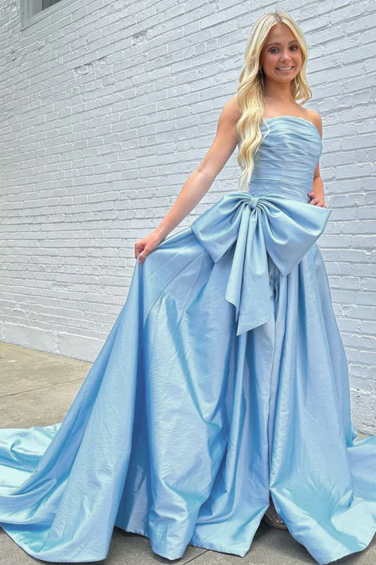 A-Line Strapless Sleeveless Sky Blue Court Train Prom Gown
