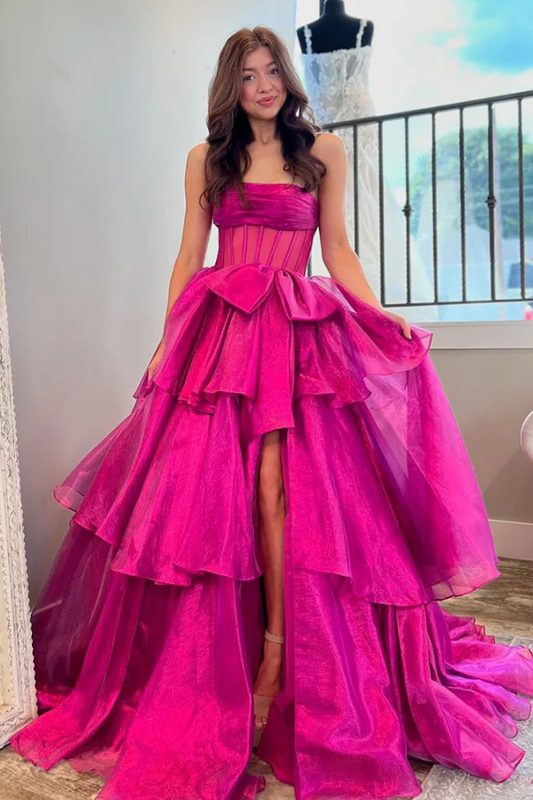 A-Line Strapless Sleeveless Tiered Bow Knot Side Slit Prom Dress