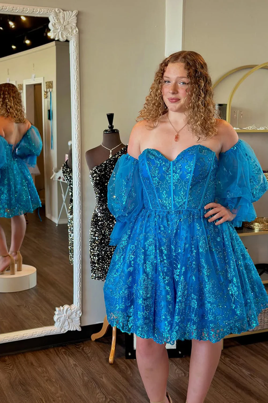 A-Line Sweetheart Blue Lace Short Homecoming Dresses with Sleeves