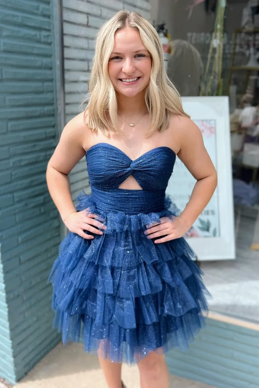 A-Line Sweetheart Navy Blue Ruffle Tiered Tulle Short Homecoming Dresses