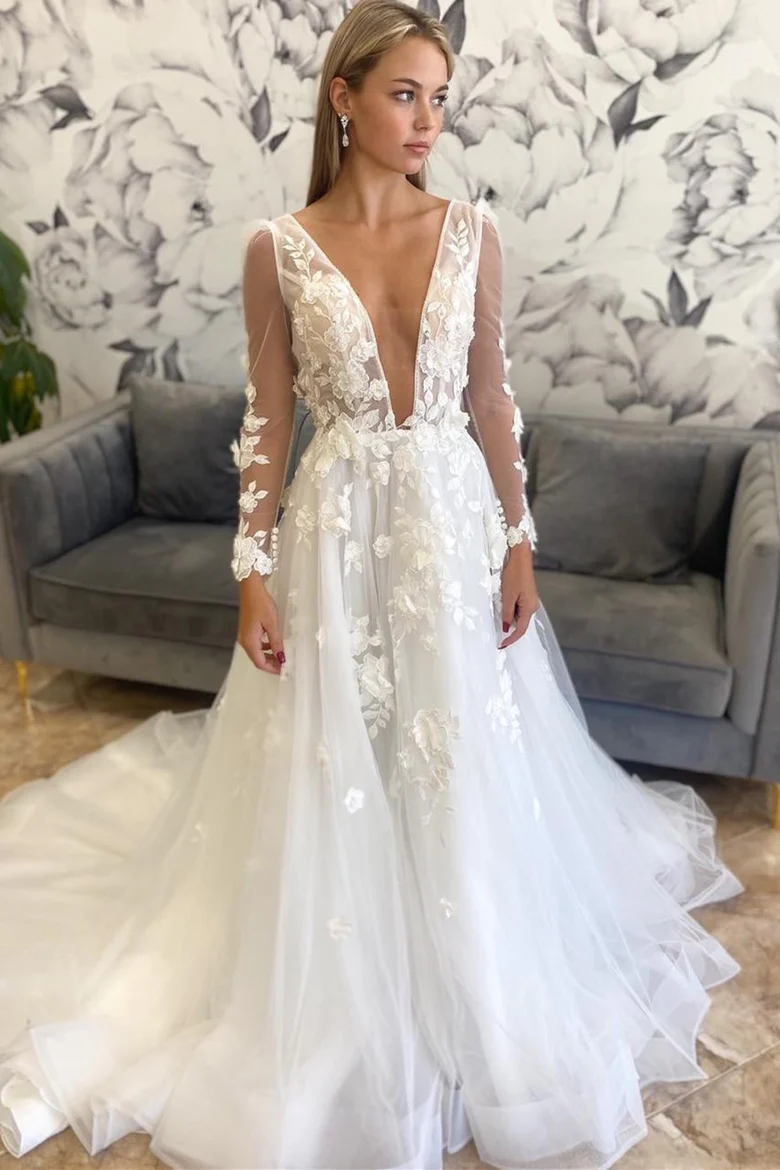 A-Line White Floral Plunging Neck Backless Wedding Dress