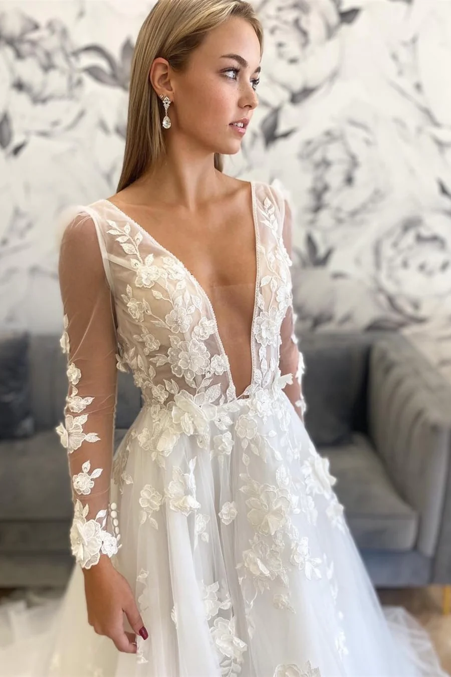 A-Line White Floral Plunging Neck Backless Wedding Dress