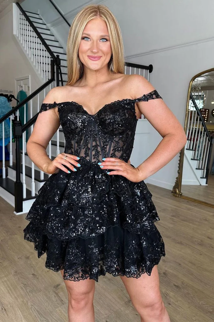 A-line Off Shoulder Sweetheart Layered Short Sequin Lace Tulle Homecoming Dress