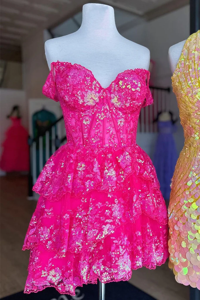 A-line Off Shoulder Sweetheart Layered Short Sequin Lace Tulle Homecoming Dress