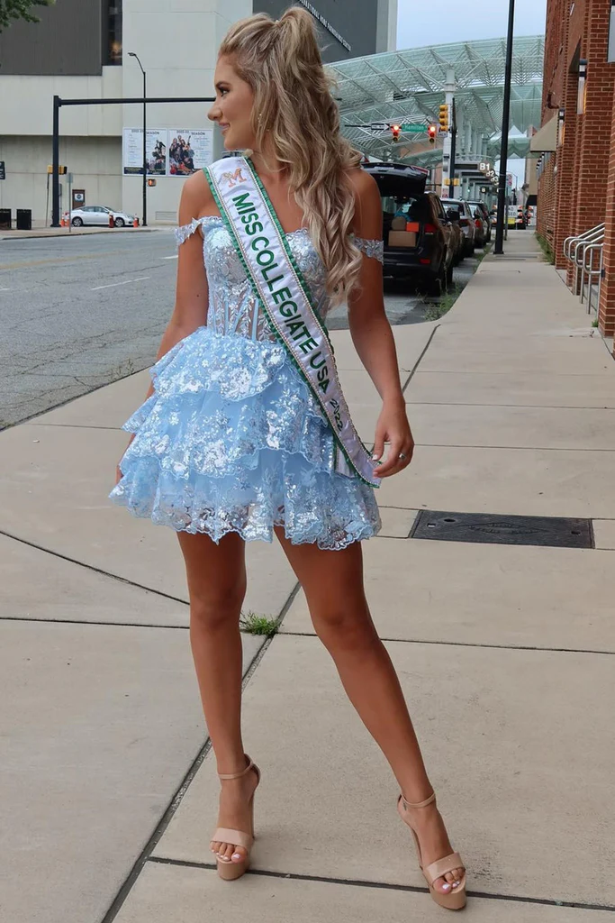 A-line Off Shoulder Sweetheart Layered Short Sequin Lace Tulle Homecoming Dress