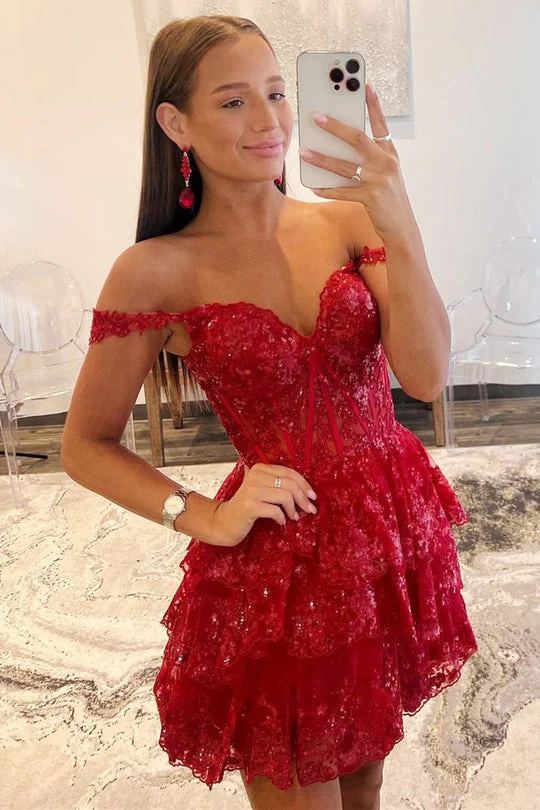 A-line Off Shoulder Sweetheart Layered Short Sequin Lace Tulle Homecoming Dress