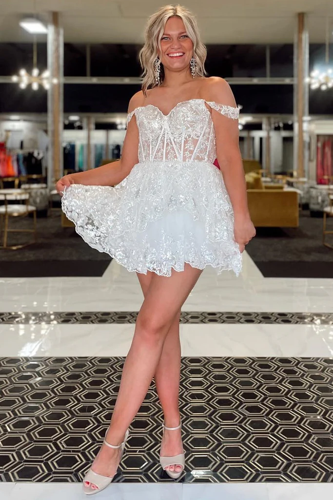 A-line Off Shoulder Sweetheart Layered Short Sequin Lace Tulle Homecoming Dress