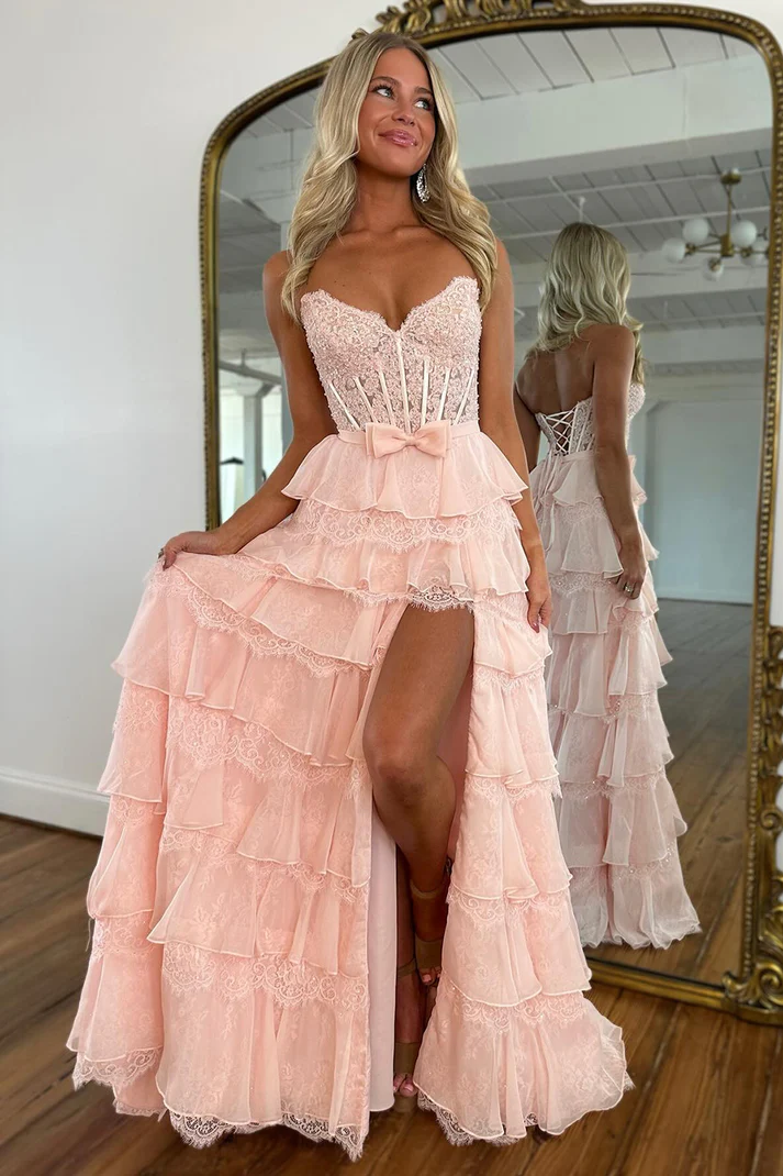 A Line Corset Sweetheart Chiffon Long Prom Dresses Lace Ruffled Party Gowns for Women
