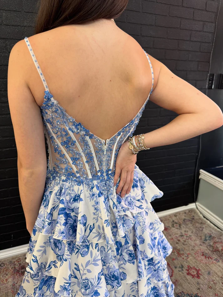 A Line Sweetheart Corset Prom Dresses Long Chiffon Ruffle Beaded Party Dress with Slit