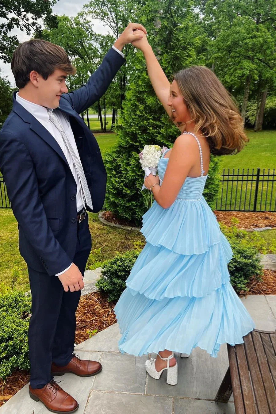 A Line Sweetheart Light Blue Chiffon Prom Dress with Pearls