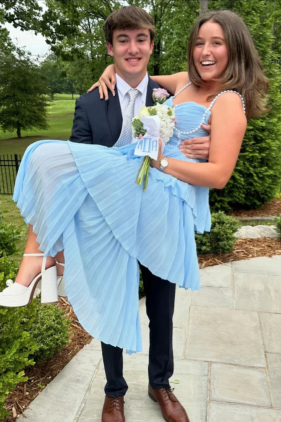 A Line Sweetheart Light Blue Chiffon Prom Dress with Pearls