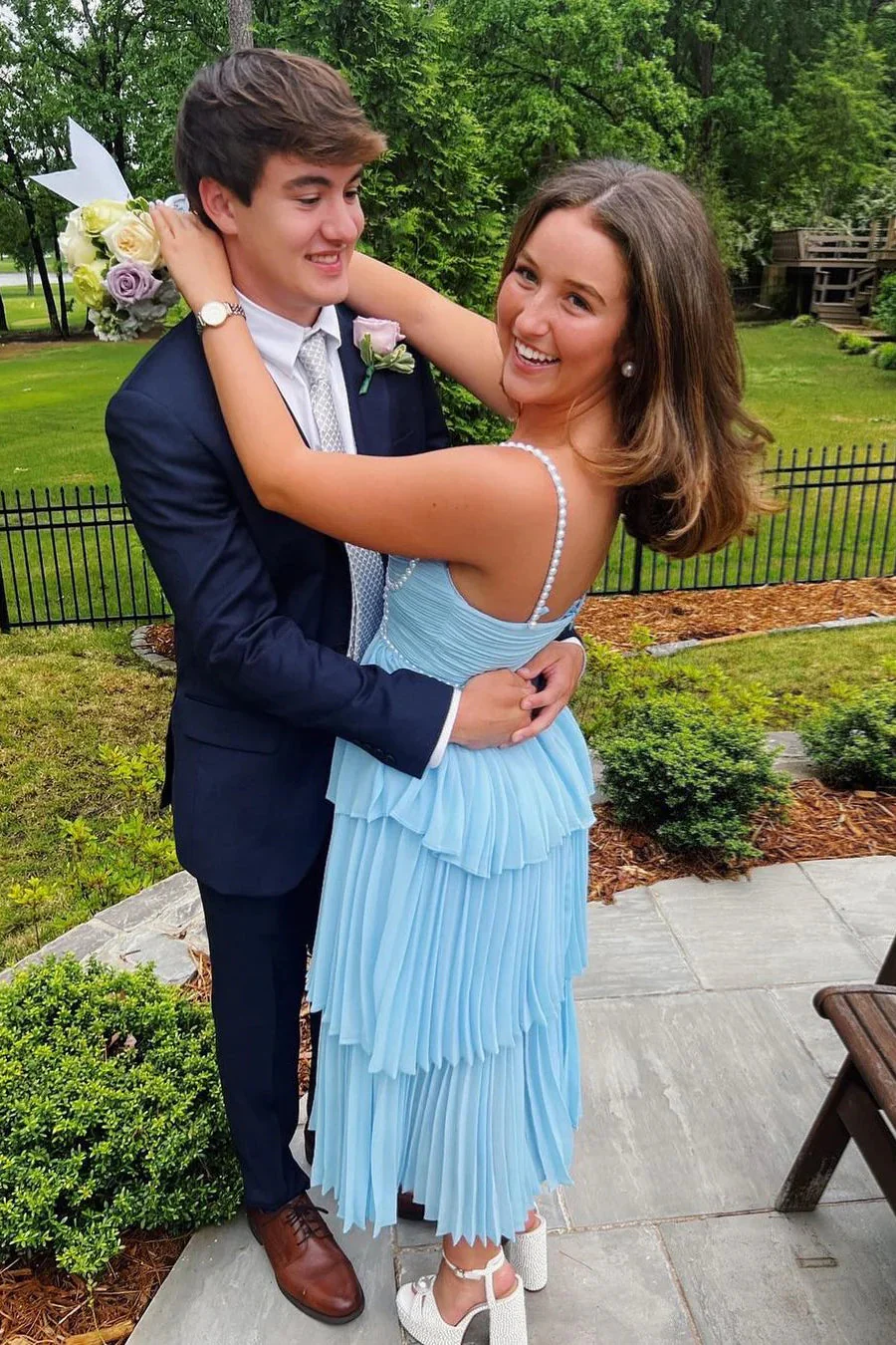 A Line Sweetheart Light Blue Chiffon Prom Dress with Pearls
