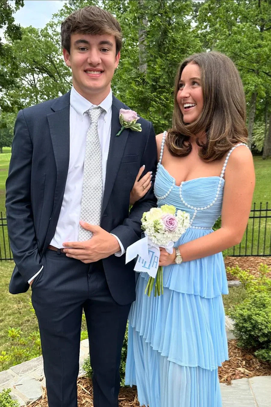 A Line Sweetheart Light Blue Chiffon Prom Dress with Pearls