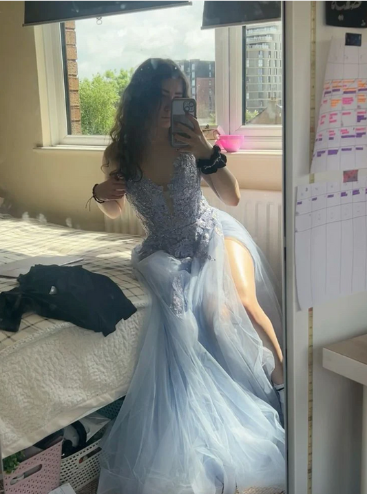 A Line Tulle Long Light Sky Blue Prom Party Dresses Unique Evening Dress